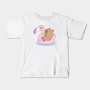 Cute Capybara Chilling On Pink Flamingo Pool Float Kids T-Shirt